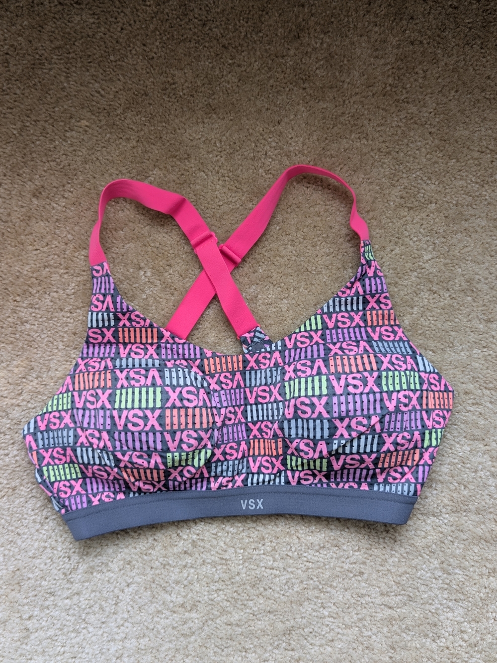 Victoria's Secret VSX Multicolor Logo Sports Bra with Neon Pink Crossback Straps